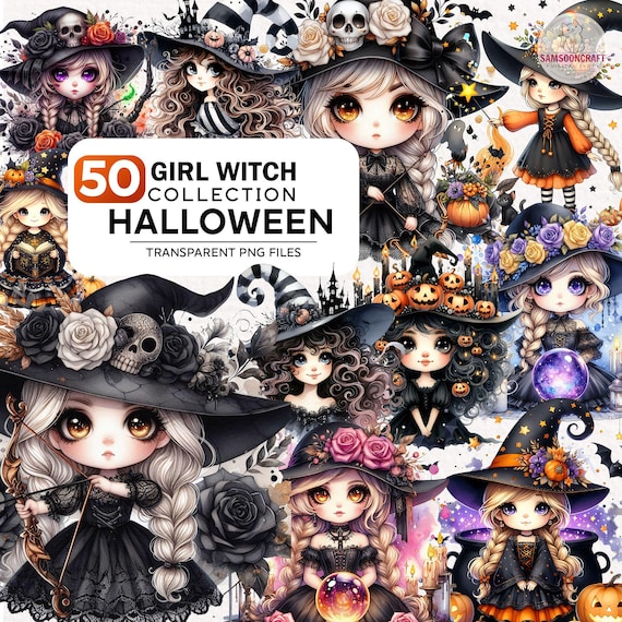 Spooky Season Clipart Bundle, 50 PNG Magical Dark Witch, Spooky Clipart, Girl Witch Png, Gothic Witch Clipart, Cute Witches Png