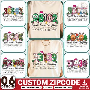 May include: A collection of six t-shirt designs featuring large numbers decorated with Christmas patterns, Santa hats, and reindeer antlers. Each design includes the text Small Town Christmas and a specific city and state name below.