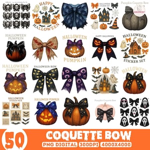Pumpkin Bow Png Bundle, 50 PNG Horror Character, Halloween Coquette Bow Png Bundle, Pumpkin Png, Halloween Png, Witch Png