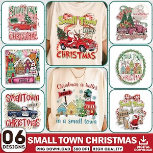 May include: A collection of six graphic t-shirt designs featuring Christmas themes with red trucks, Santa Claus, reindeer, gingerbread houses, and snowy village scenes. Each design includes the text Small Town Christmas and the number 38863.