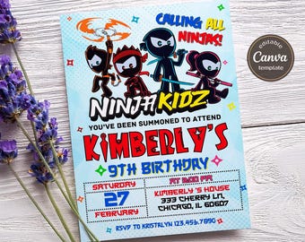 Ninja Kidz bearbeitbare druckbare Einladung, junge Mädchen-Geburtstags-Einladung, elektronische Einladung, sofortiger Download, Ninja-Geburtstag einladen Vorlage