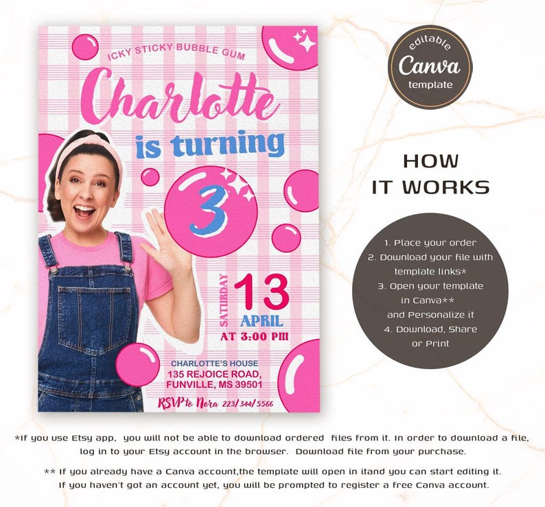 K&ouml;nnte beinhalten: Ein rosa-wei&szlig; karierter Hintergrund mit einem rosa Kaugummimotto. Der Text "ICKY STICKY BUBBLE GUM" steht oben auf der Einladung. Der Text "Charlotte wird 3" befindet sich in einer rosa Blase. Der Text "Samstag, 13. April, um 15:00 Uhr" befindet sich in einem rosa Kreis. Der Text "Charlotte's House, 135 Rejoice Road, Funville, MS 39501" befindet sich in einem rosa Rechteck. Der Text "RSVP to Nora 223/344/5566" befindet sich in einem rosa Rechteck. Der Text "bearbeitbare Canva-Vorlage" befindet sich in einem wei&szlig;en Rechteck mit rosa Rand. Der Text "WIE ES FUNKTIONIERT" befindet sich in einem schwarzen Rechteck mit wei&szlig;em Rand. Der Text "1. Bestellen Sie, 2. Laden Sie Ihre Datei mit den Vorlagenlinks* herunter, 3. &Ouml;ffnen Sie Ihre Vorlage in Canva** und personalisieren Sie sie, 4. Laden Sie herunter, teilen Sie oder drucken Sie" befindet sich in einem wei&szlig;en Rechteck mit schwarzem Rand.
