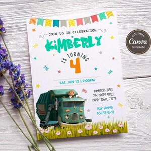 May include: A colorful birthday invitation for a girl named Kimberly turning four. The invitation features a cartoon illustration of a green garbage truck with a girl in the driver's seat. The text "Kimberly is turning 4" is in a large, colorful font. The invitation also includes the date and time of the party, the address, and RSVP information.