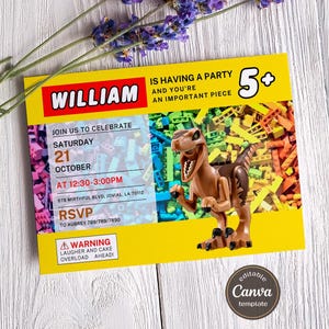 May include: A yellow and orange birthday party invitation featuring a dinosaur and colourful Lego bricks. The invitation reads "William is having a party and you're an important piece" and "5+". It also includes the date, time, and location of the party.