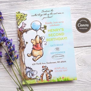 winnie the pooh Invitation, Printable Editable Boy Girl Birthday Invite, Electronic invitation, teddy bear Invite template, winnie invite