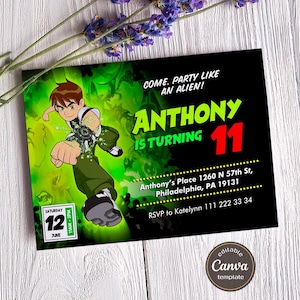 Puede incluir: Una invitación de cumpleaños negra y verde con un personaje de dibujos animados. La invitación dice "Ven. ¡Fiesta como un extraterrestre! Anthony cumple 11 años." Incluye la fecha, la hora y la ubicación de la fiesta.