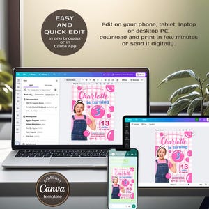 K&ouml;nnte beinhalten: Eine editierbare Canva-Vorlage f&uuml;r eine Geburtstagseinladung. Die Einladung hat einen rosa-blauen Karomuster-Hintergrund mit einem Foto eines M&auml;dchens, das einen rosa Ballon mit der Nummer 3 h&auml;lt. Der Text "Charlotte wird 3" ist in rosa Schrift. Die Einladung enth&auml;lt auch das Datum "13. April" und die Uhrzeit "13:00 - 15:00 Uhr".
