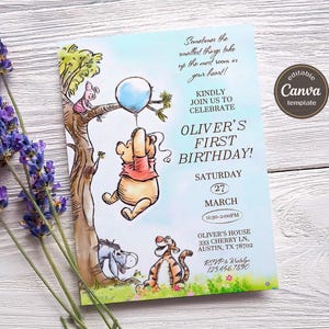 winnie the pooh Invitation, Printable Editable Boy Girl Birthday Invite, Electronic invitation, teddy bear Invite template, winnie invite