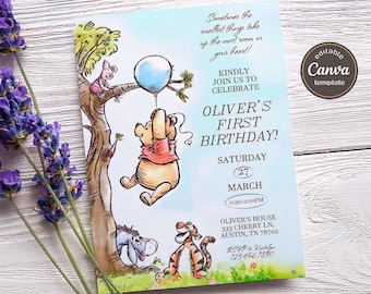 Winnie the Pooh Einladung, druckbare bearbeitbare Junge Mädchen Geburtstag einladen, elektronische Einladung, Teddybär einladen Vorlage, Winnie einladen