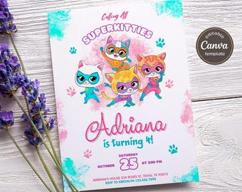 SuperKitties Einladung, druckbare bearbeitbare Super Kitty einladen, SuperKitty-Geburtstagsfeier einladen Vorlage, Kätzchen-Einladung niedlich einladen