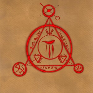 May include: A red circle with a triangle inside, surrounded by a larger circle with symbols and numbers. The center of the circle has a red symbol with three vertical lines.