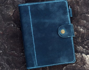 Diario de viaje personalizado de cuero azul marino vintage con recambio, tamaño A5, carpeta de 6 anillas, cubierta para cuaderno de viaje NBA511TB