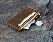 PERSONALIZED Vintage distressed leather card wallet , Minimalist Women Mens Wallet, leather front pocket wallet change coin wallet CW005SZ