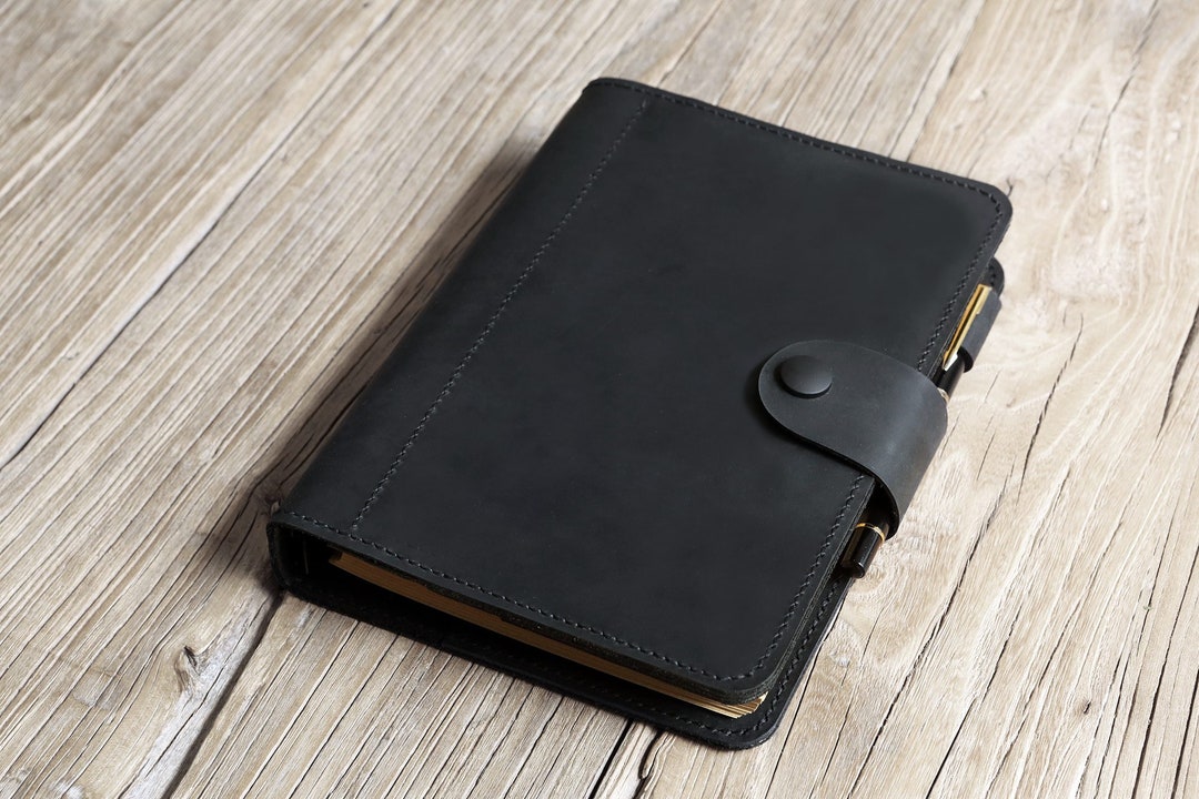 All Black Leather Refillable Planner , Leather A5 6 Ring