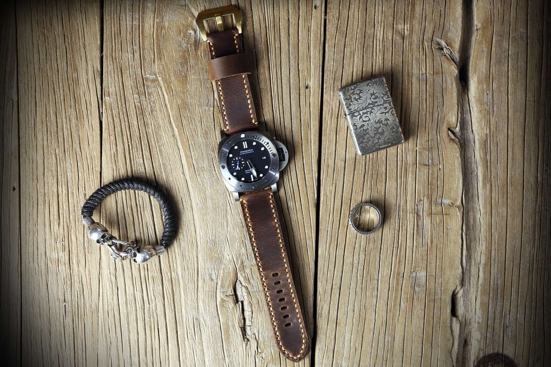 Vintage Mens Leather Watch Straps , Rustic Brown Leather Band for Panerai Watch ,custom Watch