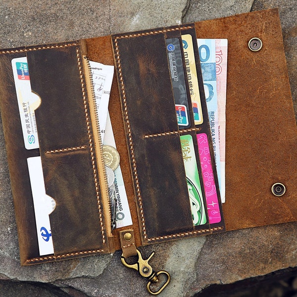 Hand Stitch rustic vintage Leather Mens Bifold vertical chain Wallet / Men leather biker trucker wallet with zipper pocket -BW005C