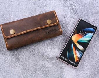 Personalized leather cell phone holster for Samsung Galaxy Z Fold 4 , phone case with belt loop , brown leather Phone holster W03-GZ405HS