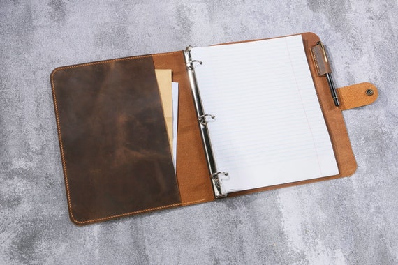 Leather 3 Ring Binder Business Portfolio Folders with Pockets - Brown -  Extra Studio