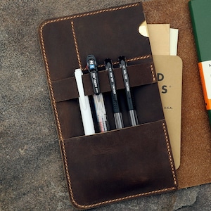 Op de afbeelding: Een bruine leren tijdschriftomslag met een penhouder met vier pennen. Een groen Moleskine notitieboek is rechts zichtbaar. De tijdschriftomslag heeft een zak met een paar vellen papier. De tijdschriftomslag ligt op een stenen oppervlak.