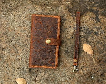 Women embossing leather iPhone 14 13 12 pro wallet case iPhone 13 12 mini wallet tooled leather iPhone 14 plus wallet case cover IP20MW-B