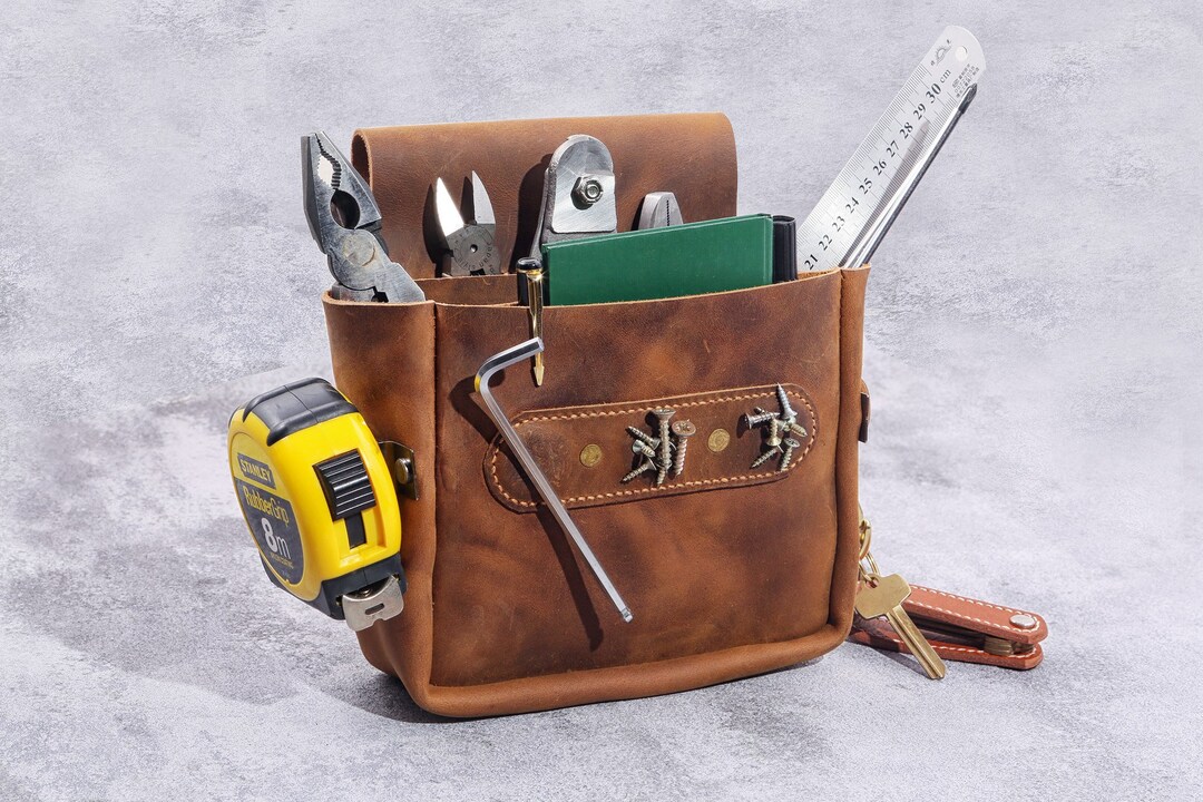 Personalized Leather Tool Holster , Leather Tool Belt Pouches With Belt