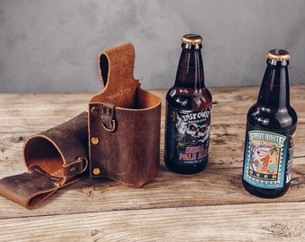 Personalized thick full grain leather beer holster , distressed leather cowboy holster bottle belt holder - Z07-L05BRH