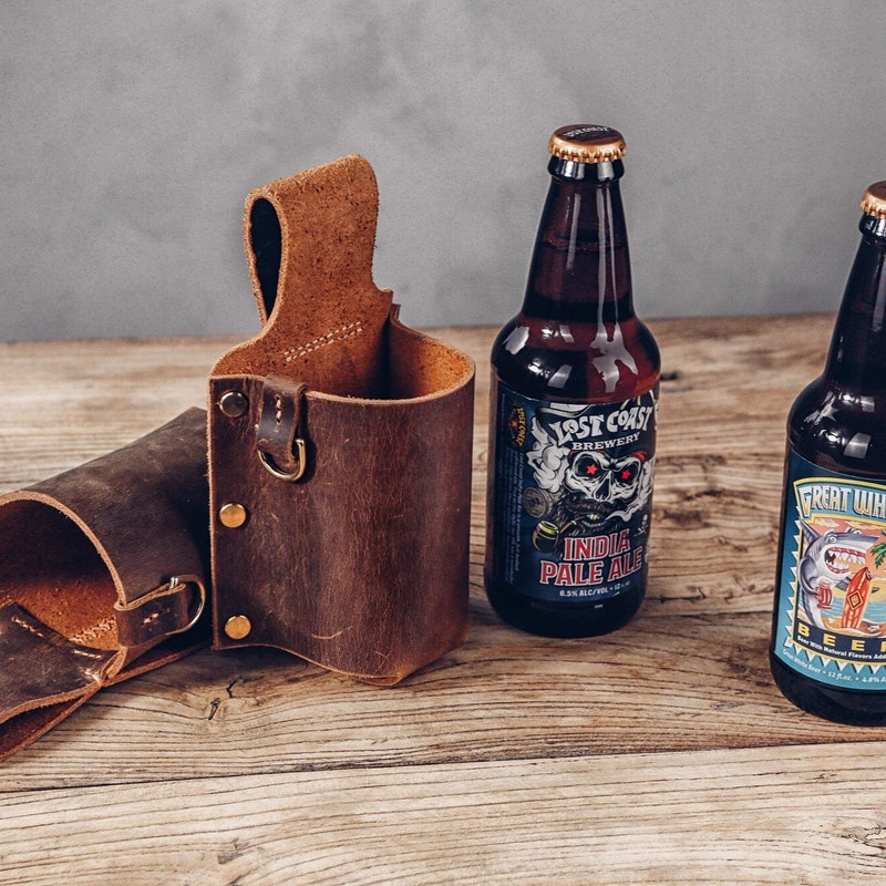 Personalized thick full grain leather beer holster , distressed leather cowboy holster bottle belt holder - Z07-L05BRH