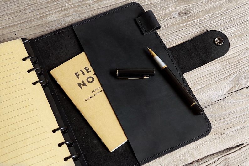 All black leather refillable planner leather A5 6 ring Etsy
