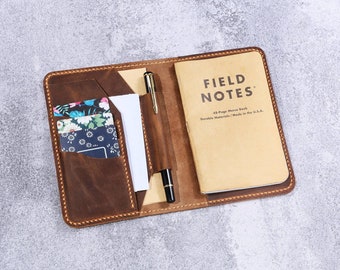 Personalized rustic leather cover case for Pocket size 3.5 x 5.5 field notes notebook , moleskine leather cover with pen loop , W03-LMP05C