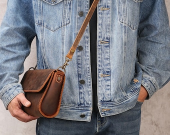 Men’s Leather Crossbody Bag small messenger, Leather EDC Shoulder Pouch, Small Brown Phone Bag, Brass Hardware, Gift for Him T04-LRB
