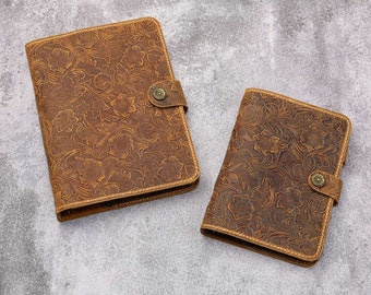 Vintage Floral Embossed Leather A5 A6 Journal Binder , Floral Design Writing Notebook with Pen Holder - Customizable Gift for Her W10-LAXBS