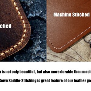 May include: Close-up of two leather pieces showing the difference between hand-stitched and machine-stitched leather. The hand-stitched leather has a more intricate and durable stitch. "Hand stitch is not only beautiful, but also more durable than machine stitch. Hand-Sewn Saddle-Stitching is great feature of our leather goods."