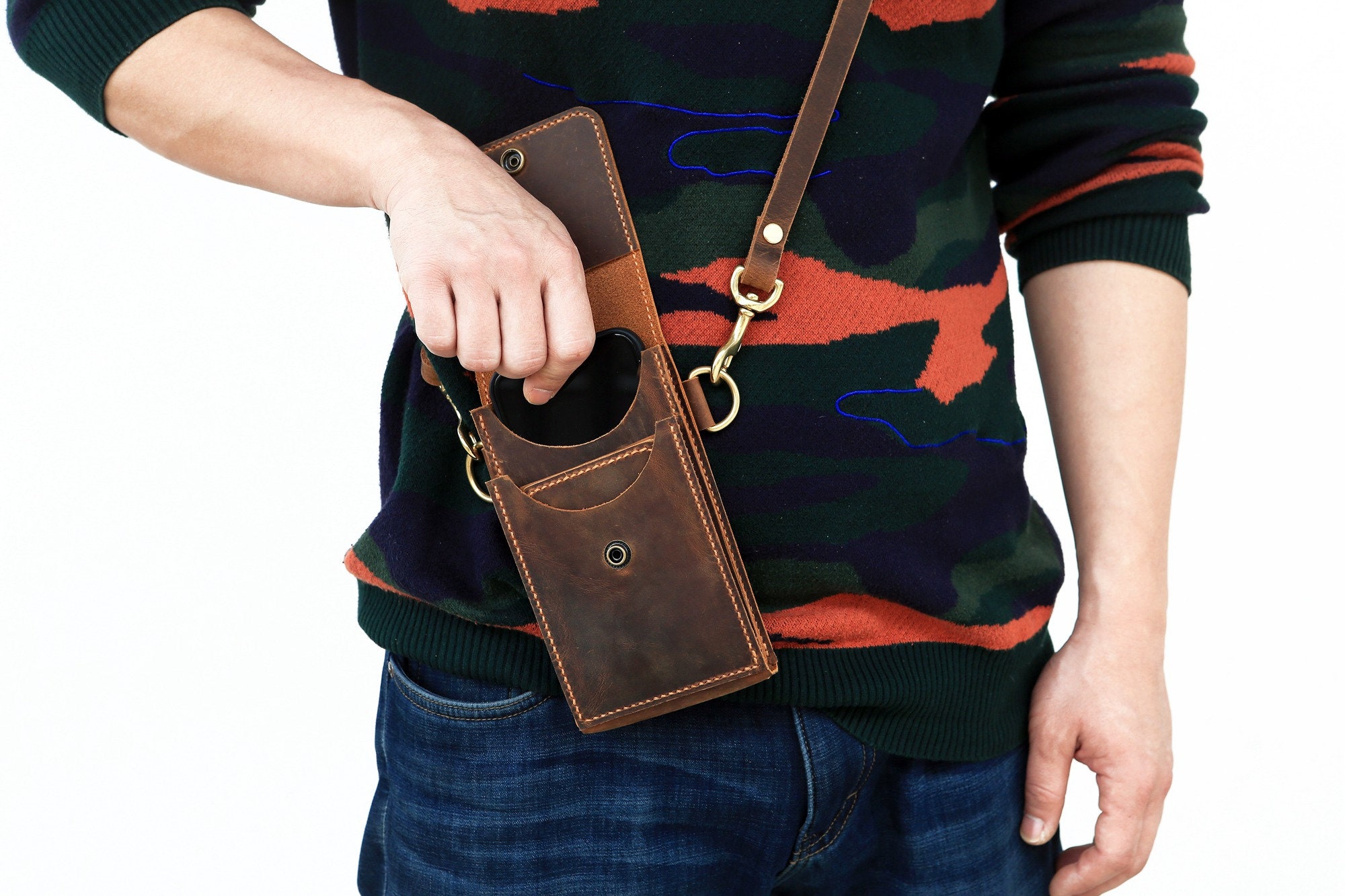 Full-Grain Leather Phone Pouch with Lanyard