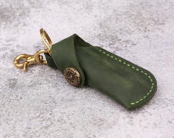 Handmade Leather Lip Balm Holder Keychain, Leather keychain chapstick holder, Bag Charm Accessory T05-LLBH