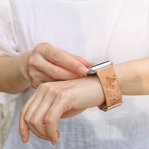 Natural Tan Leather apple watch bands for women , Minimalist ladies apple watch band ,Embossed Leather Apple Watch Band W09-LAWBT