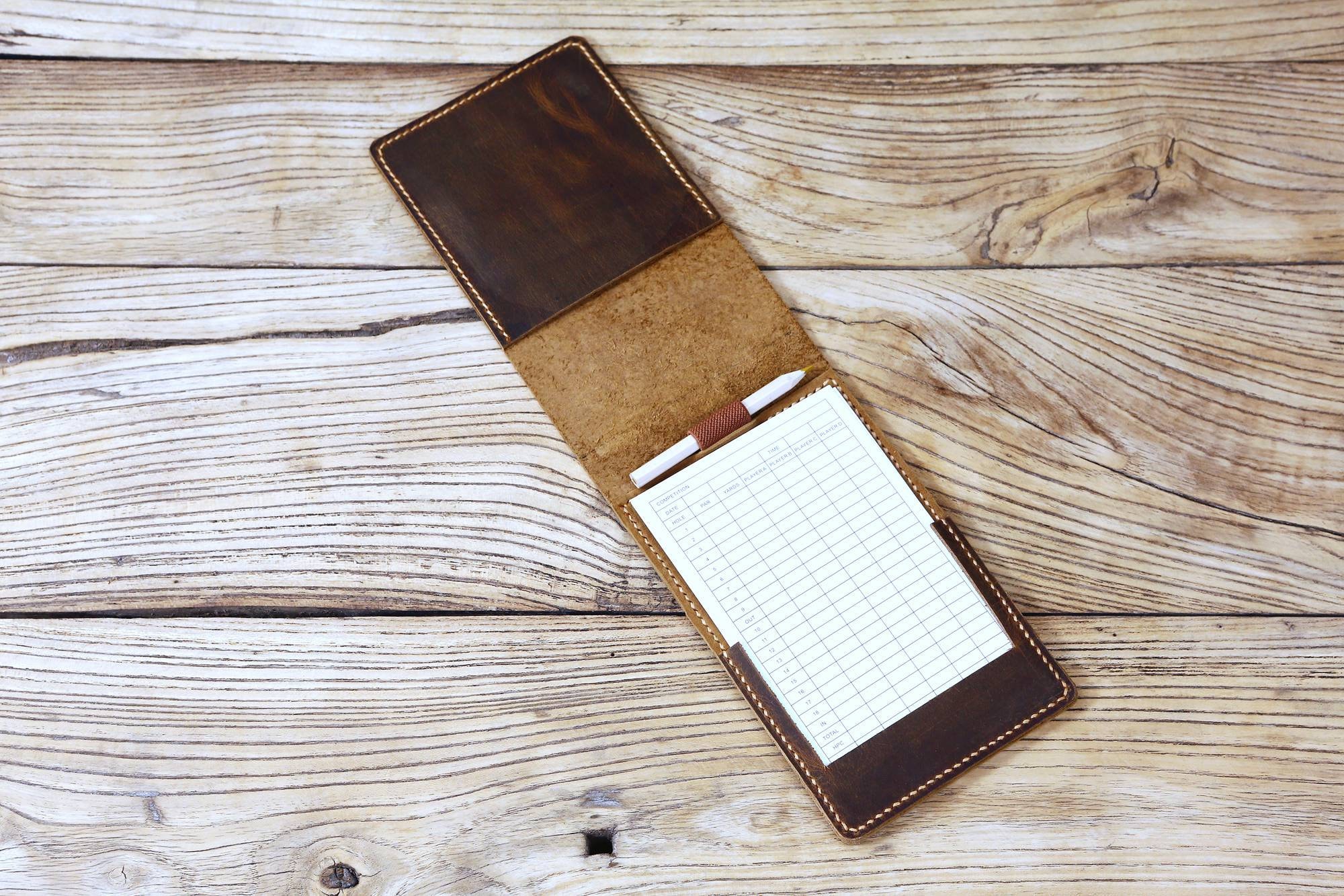 Personalized Vintage Brown Leather Golf Scorecard Holder Cover