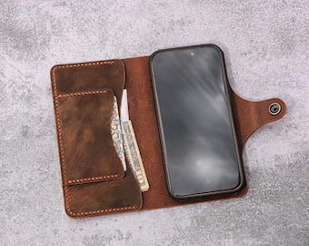 Full Grain Leather iPhone Wallet Case, Handmade Leather Magnetic Detachable Phone Case, Personalized Leather Gift for Him T08-I05MW