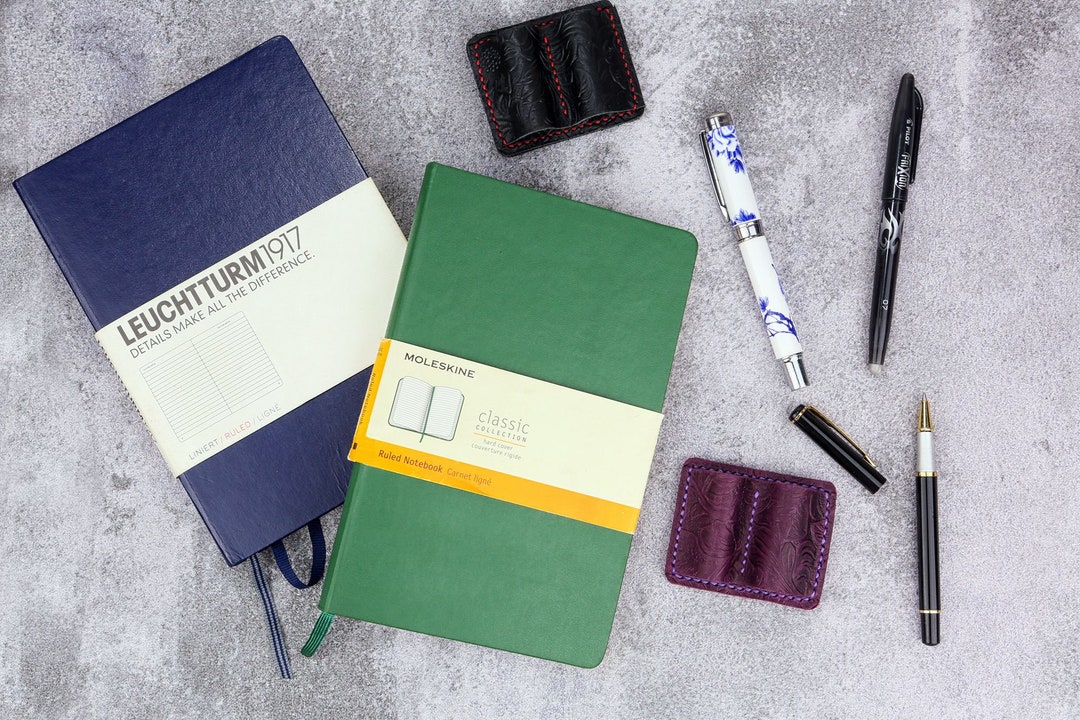 Embossing Tooled Leather Dual Pen Pencil Holder for Notebook Journal