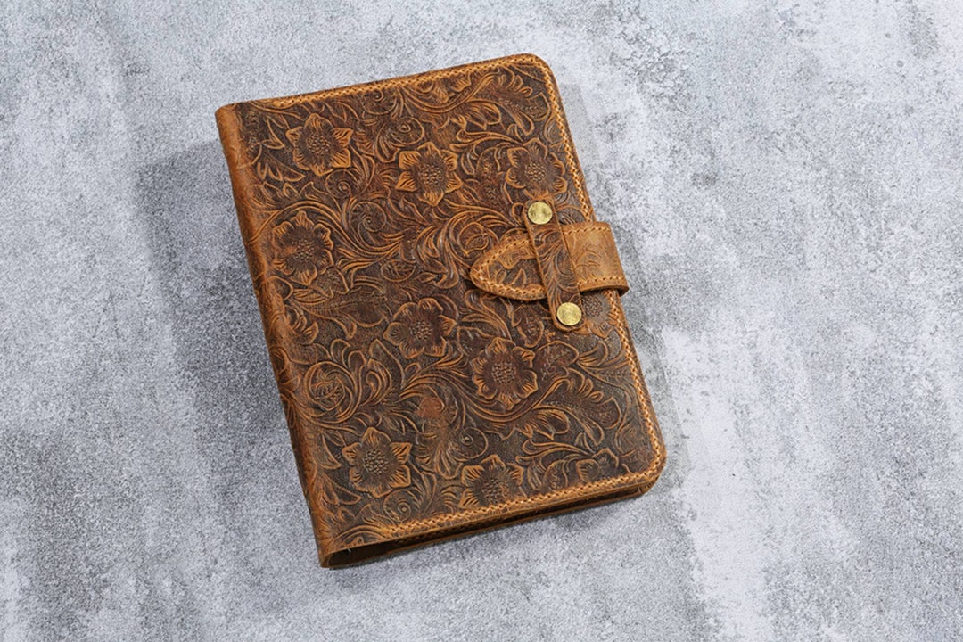 Tooled Leather A5 6 Ring Binder Planner , Distressed Embossing Leather
