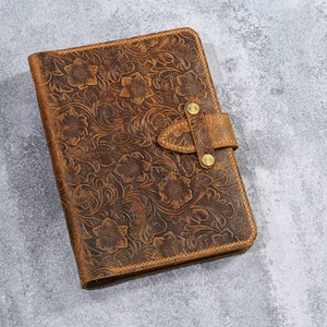 Tooled leather A5 6 ring binder planner , distressed embossing leather refillable journal , travelers journal notebook  N02-NBA5XJ