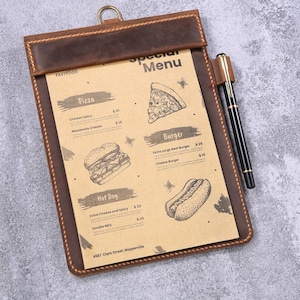 Couverture de support de carte de menu en cuir personnalisée personnalisée pour bar de restaurant, décor de restaurant rustique pour café, bistro ou bar, W03-LMC05N