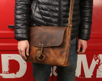 sac à bandoulière vintage en cuir de ville rustique avec bandoulière réglable, sacoche en cuir pour homme de taille moyenne V03-LBKXB