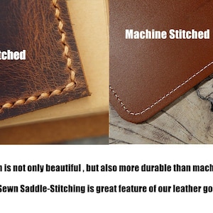 May include: A comparison of leather stitching techniques. The left side shows dark brown leather with thick, hand-stitched thread labeled Hand stitched. The right side shows smooth tan leather with thin, machine-stitched thread labeled Machine Stitched.