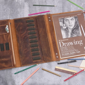 Leather sketchbook cover case for sketch pad 9 x 12 , Artist Drawing Sketch Pad Holder portfolio for 9&quot;X12&quot; Sketchbook W06-LSP912S