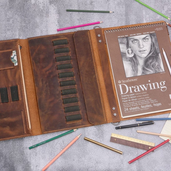 Leather sketchbook cover case for sketch pad 9 x 12 , Artist Drawing Sketch Pad Holder portfolio for 9"X12" Sketchbook W06-LSP912S