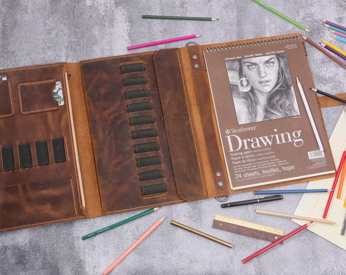 Leather sketchbook cover case for sketch pad 9 x 12 , Artist Drawing Sketch Pad Holder portfolio for 9"X12" Sketchbook W06-LSP912S