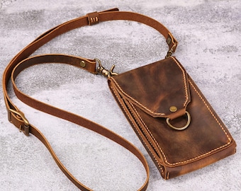 Rugged Leather Phone Crossbody Bag With Adjustable Strap, Handmade Leather Phone Pouch Crossbody For Man U08-L05CPU