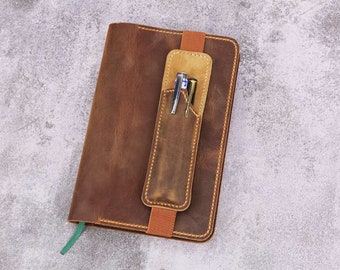 Personalized leather handcrafted pen holder for notebook journal  dual double pen pencil holder for diary V01-P2H5N