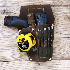 Personalisierter schnurloser Kompaktbohrerhalter aus echtem Leder für Werkzeuggürtel, Bohrerholsterbeutel aus Vollnarbenleder Z05-LDH05BH