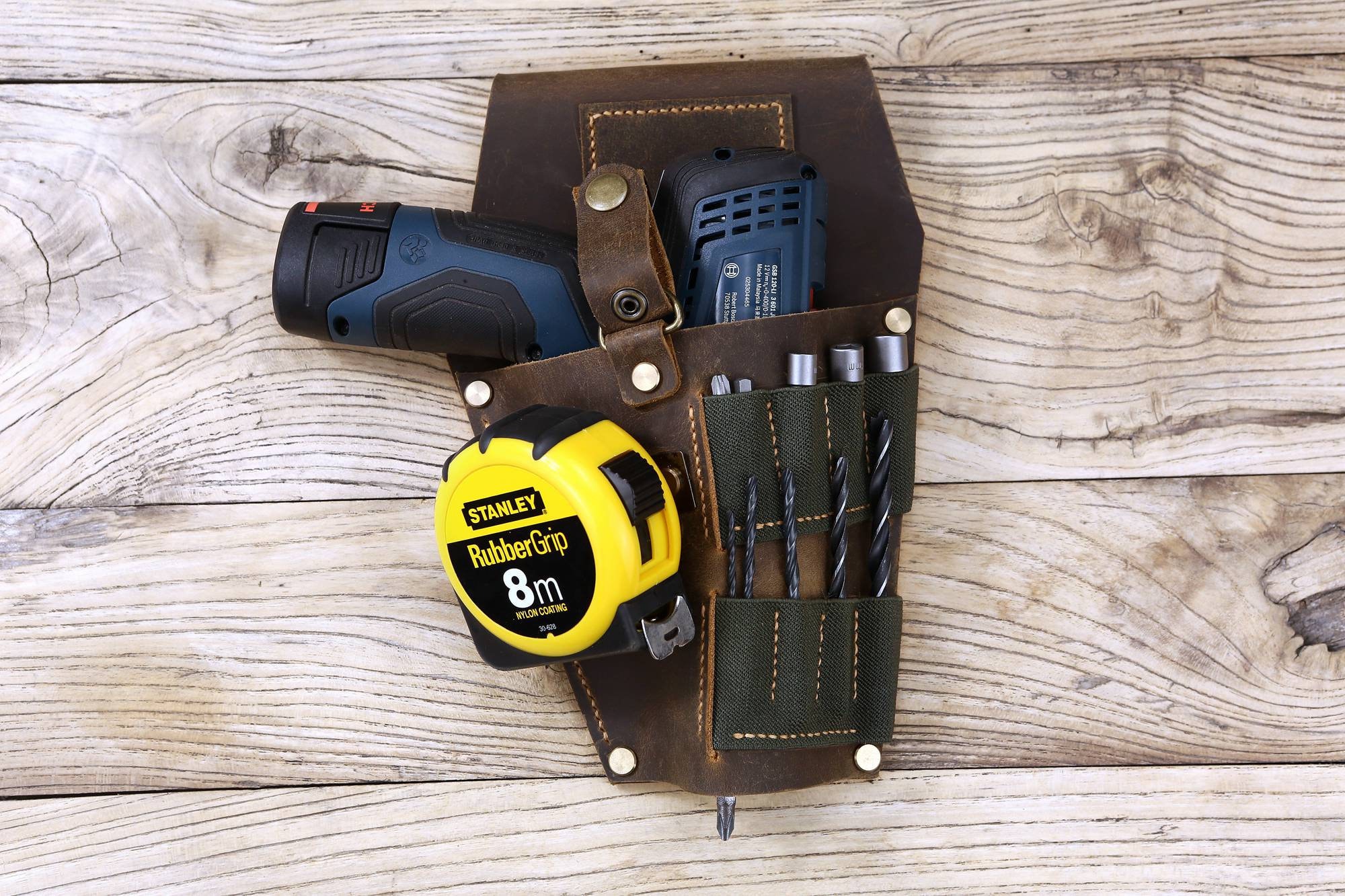 Personalized rustic genuine leather cordless compact drill holder for tool belt , full grain leather drill holster pouch sleeve Z05-LDH05BH